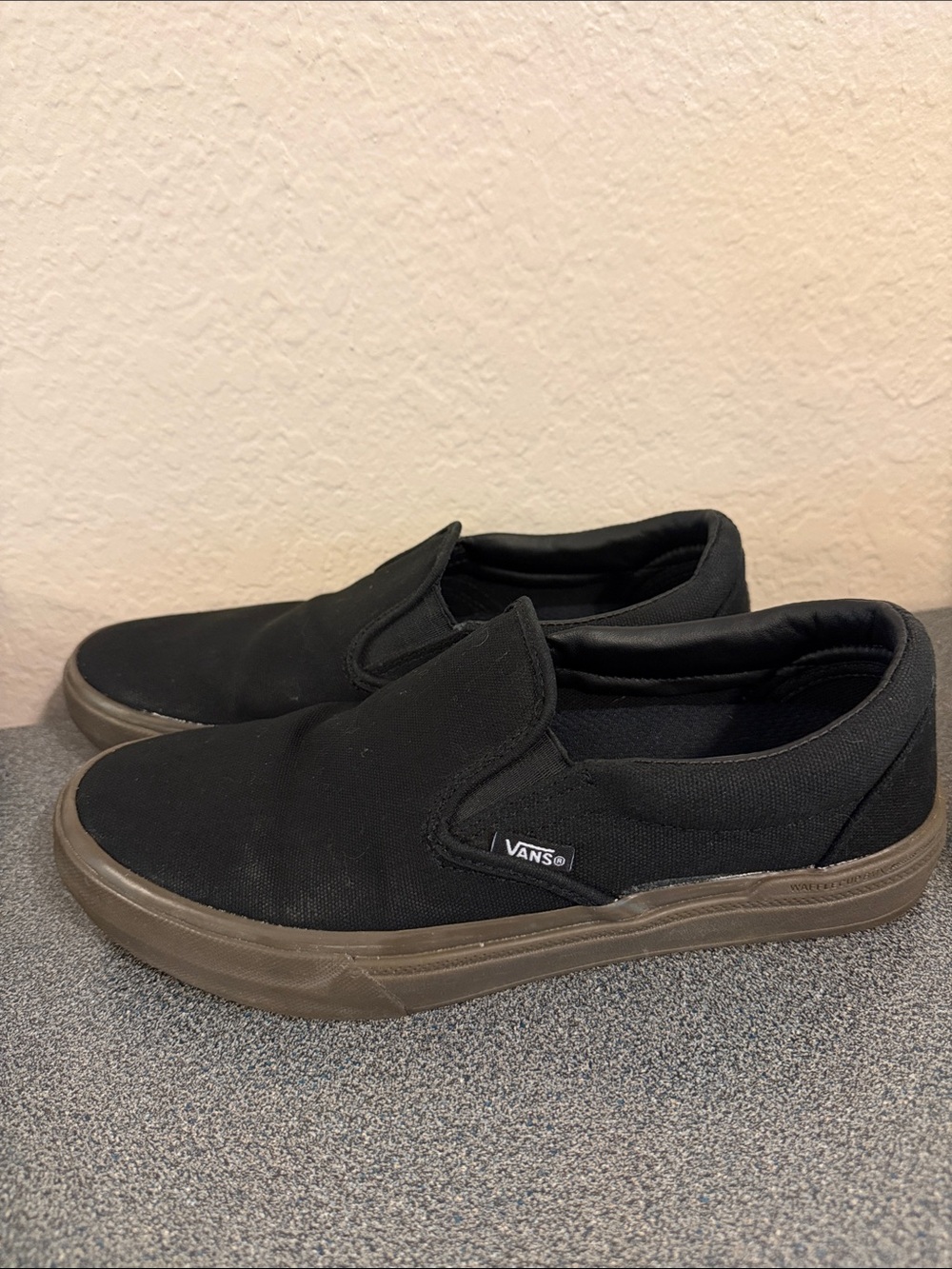 Vans Black Canvas Slip-On Loafers with Brown Sole